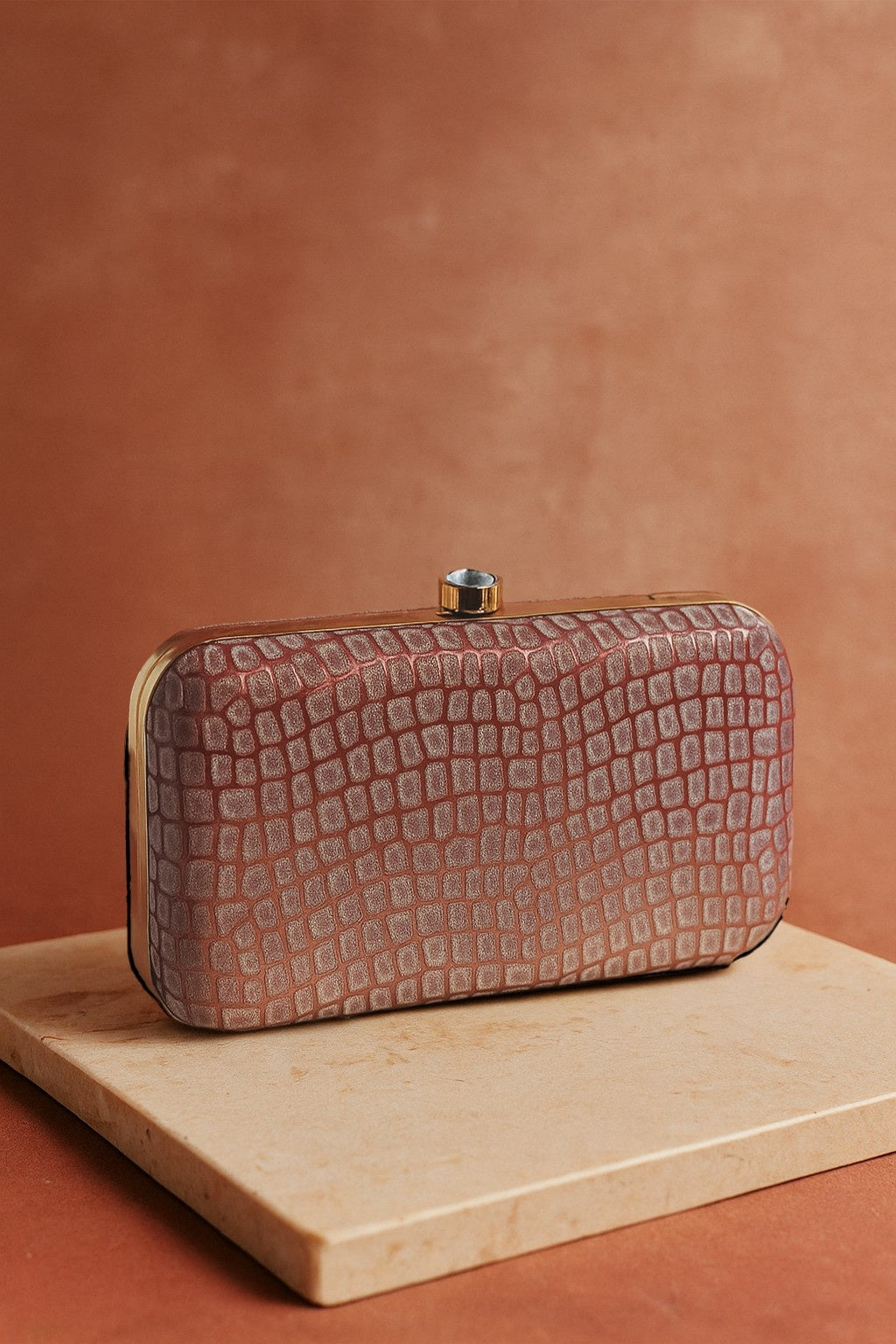 KarryQ Luxe Croc Texture Box Clutch for Women | Premium Party & Wedding Evening Handbag with Metallic Frame