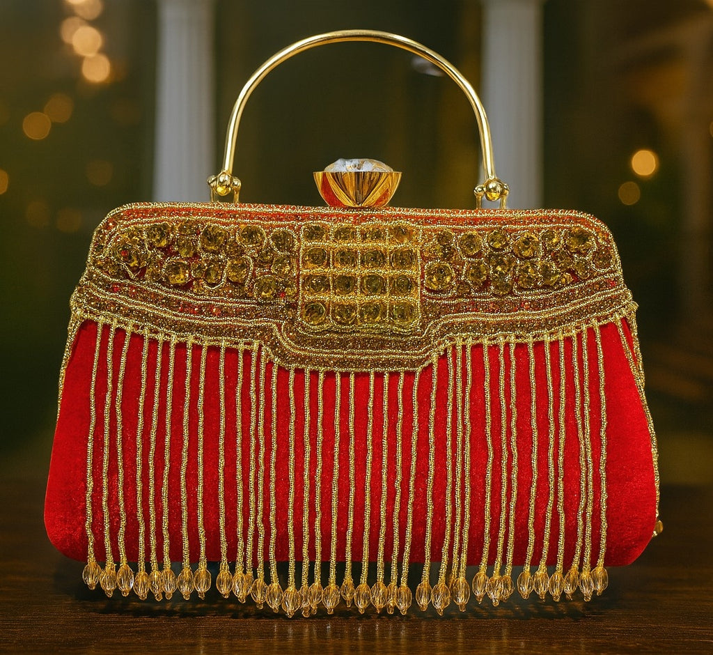 KarryQ Royal Scarlet Red Fringe Clutch for Women | Premium Ethnic Wedding, Festive & Party Handbag
