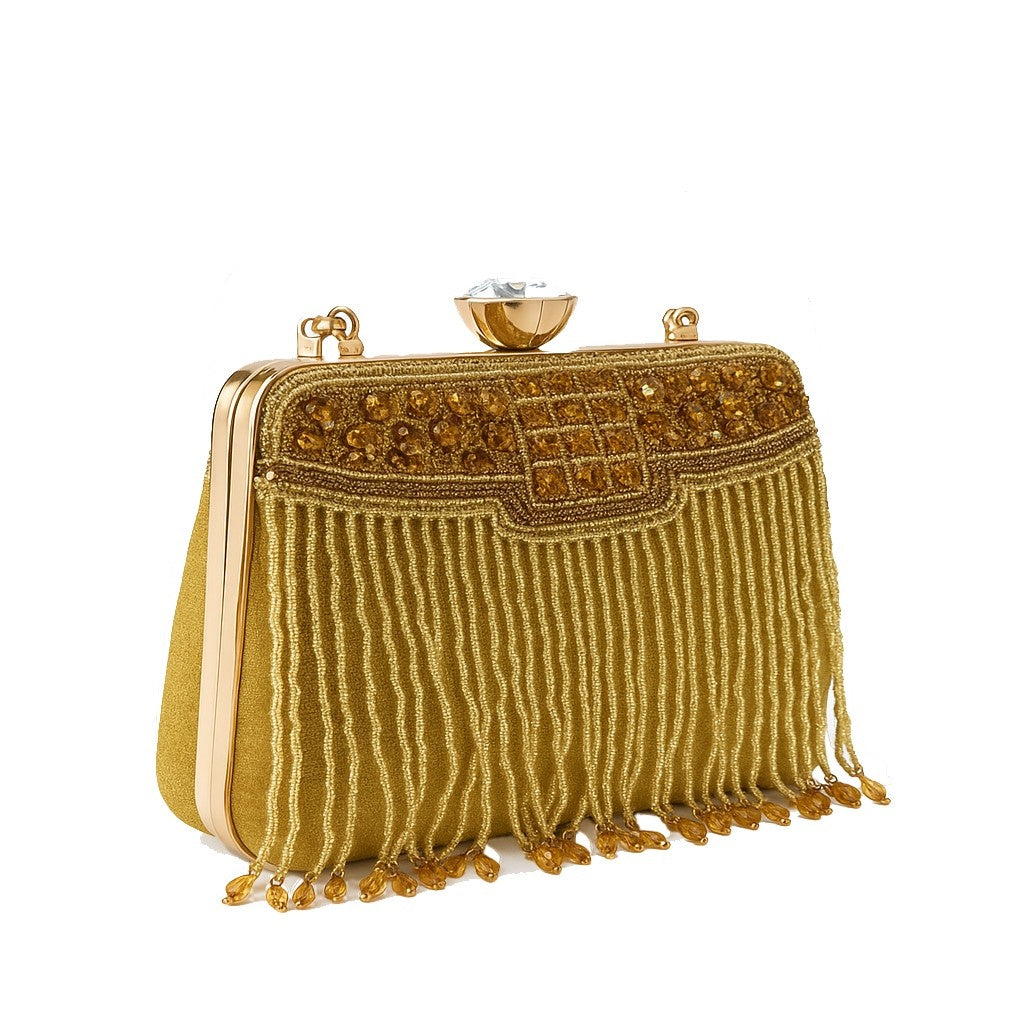 KarryQ Royal Golden Fringe Clutch for Women | Premium Ethnic Wedding, Festive & Party Handbag