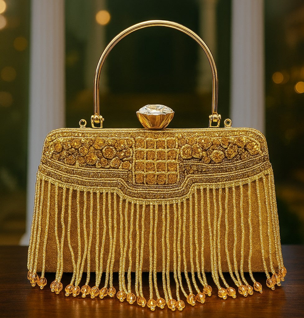 KarryQ Royal Golden Fringe Clutch for Women | Premium Ethnic Wedding, Festive & Party Handbag