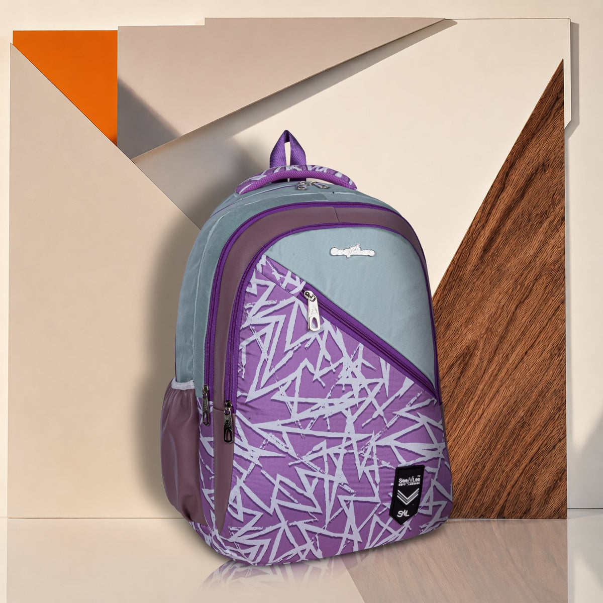 Purple and Grey Abstract Line Print Backpack for School College with Diagonal Zip and Organiser