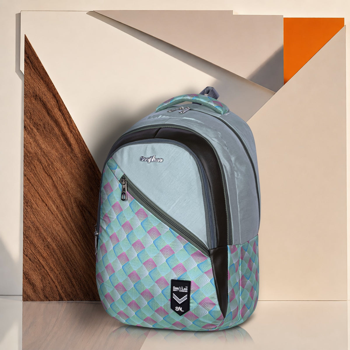 Pastel Geometric Print Backpack for School College with Diagonal Zip and Internal Organiser