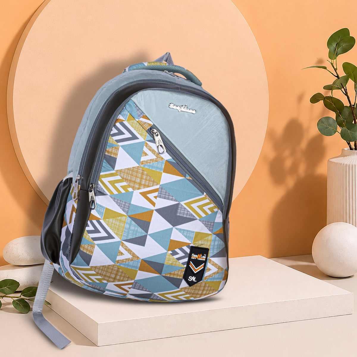 Multicolour Triangle Print School College Backpack with Diagonal Zip and Side Bottle Pocket