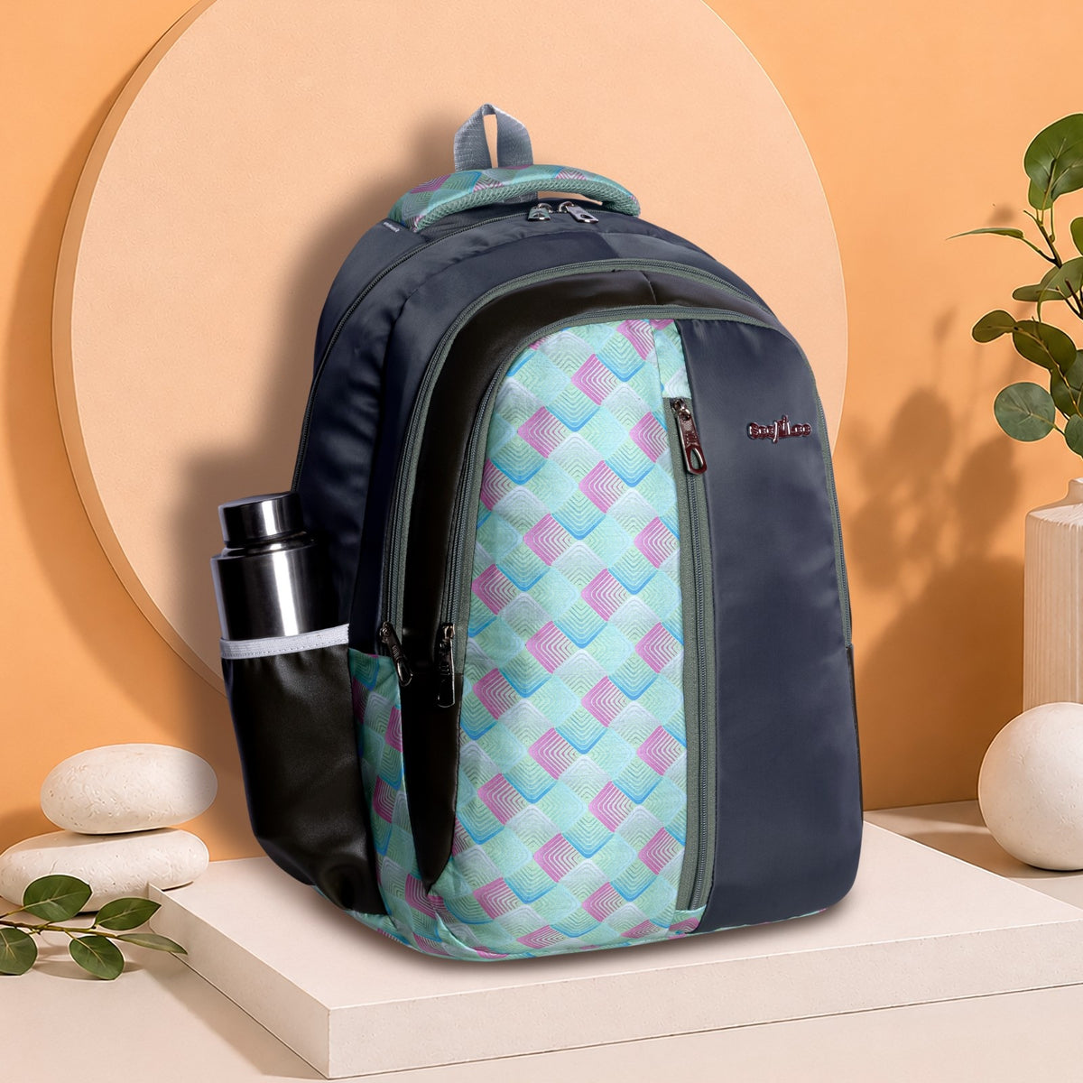 Navy and Pastel Geometric Print Backpack for School College with Vertical Zip and Organiser