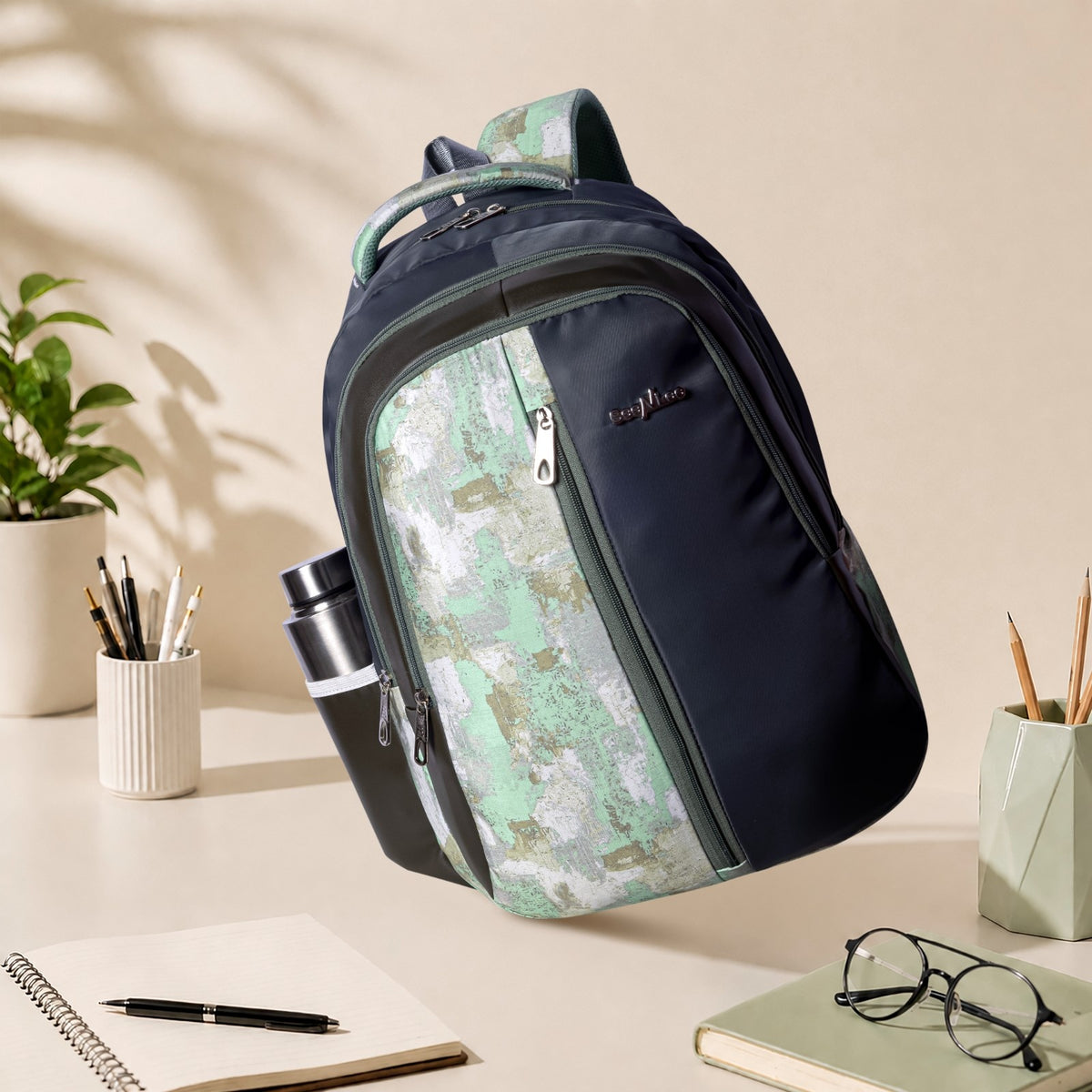 Dark Navy and Sage Abstract Print School College Backpack with Vertical Zip and Bottle Pocket