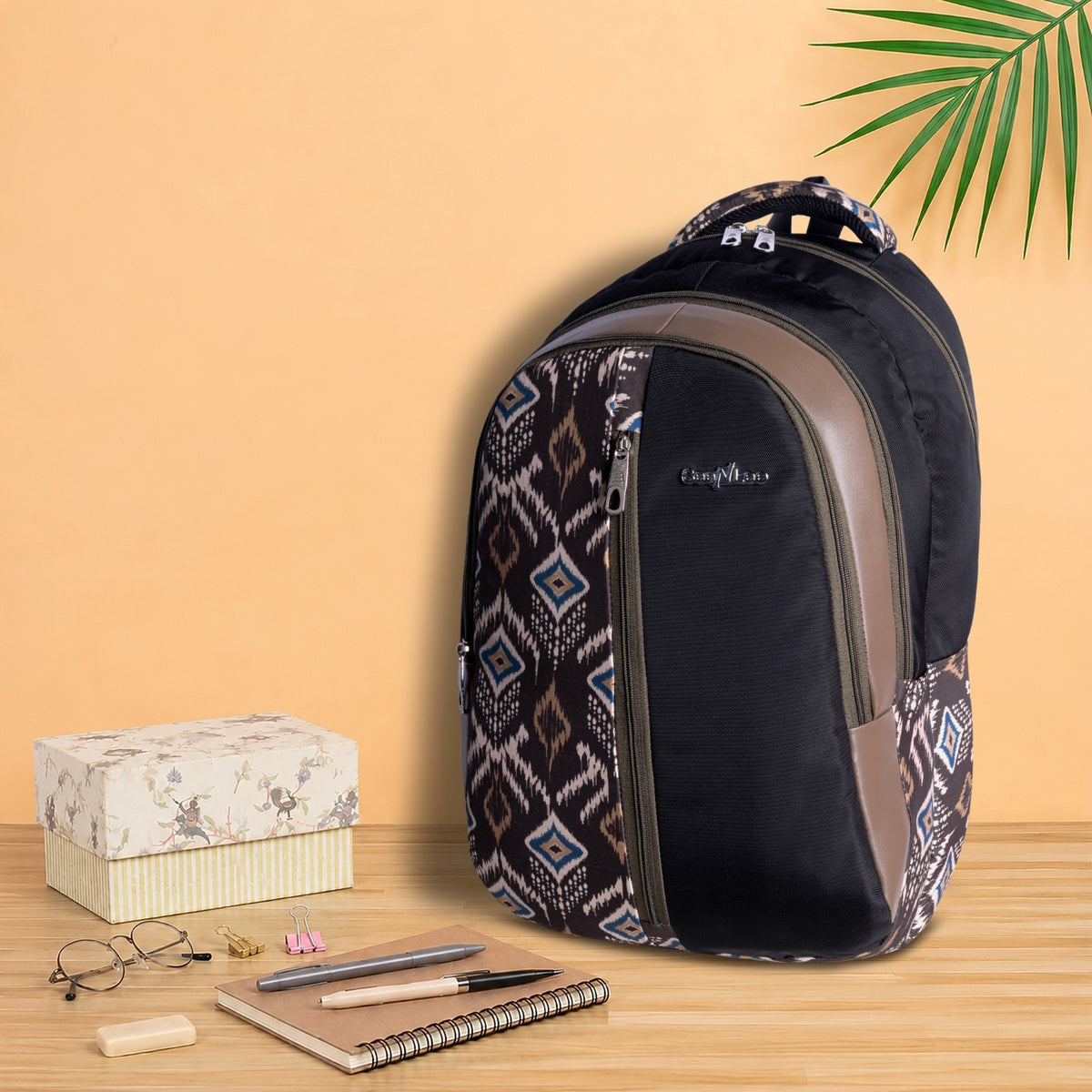 Black and Brown Geometric Print Backpack for School, College and Daily Commute with Organiser Pockets