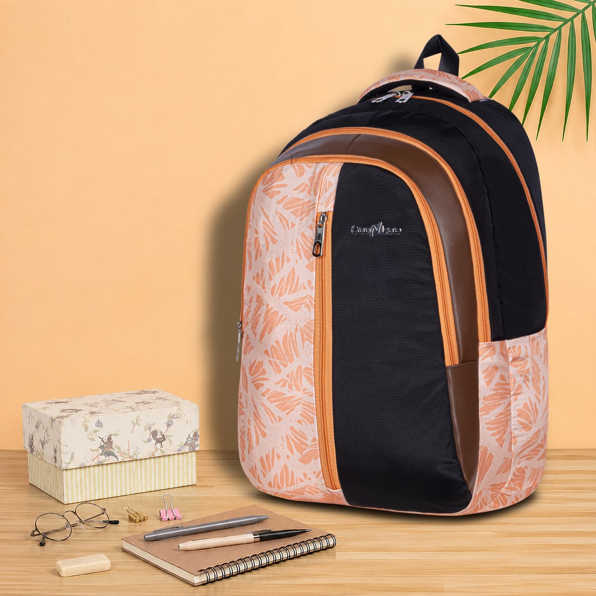 Peach and Black Leaf Print School College Backpack with Vertical Front Zip and Side Bottle Pocket