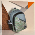 Sage Green Abstract Print School College Backpack with Diagonal Front Zip and Side Bottle Pocket