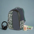 Charcoal and Green Graffiti Print Backpack for School College with Front Zip and Organiser