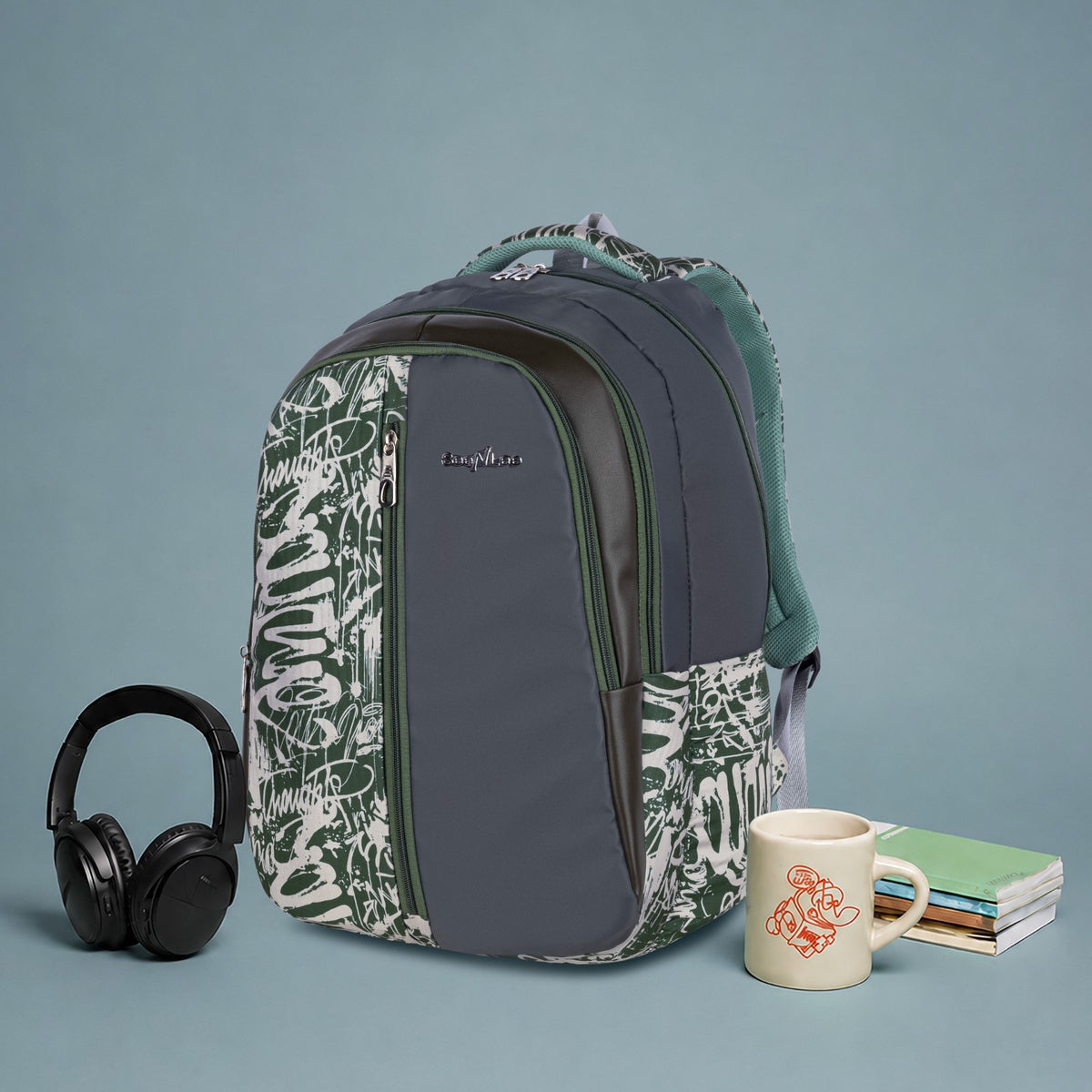 Charcoal and Green Graffiti Print Backpack for School College with Front Zip and Organiser