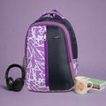 Purple and Black Abstract Print School College Backpack with Vertical Zip and Organiser Pockets