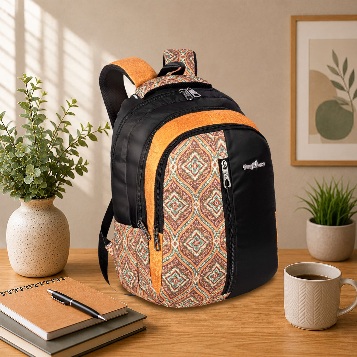 Black and Mustard Diamond Print School College Backpack with Vertical Zip and Organiser