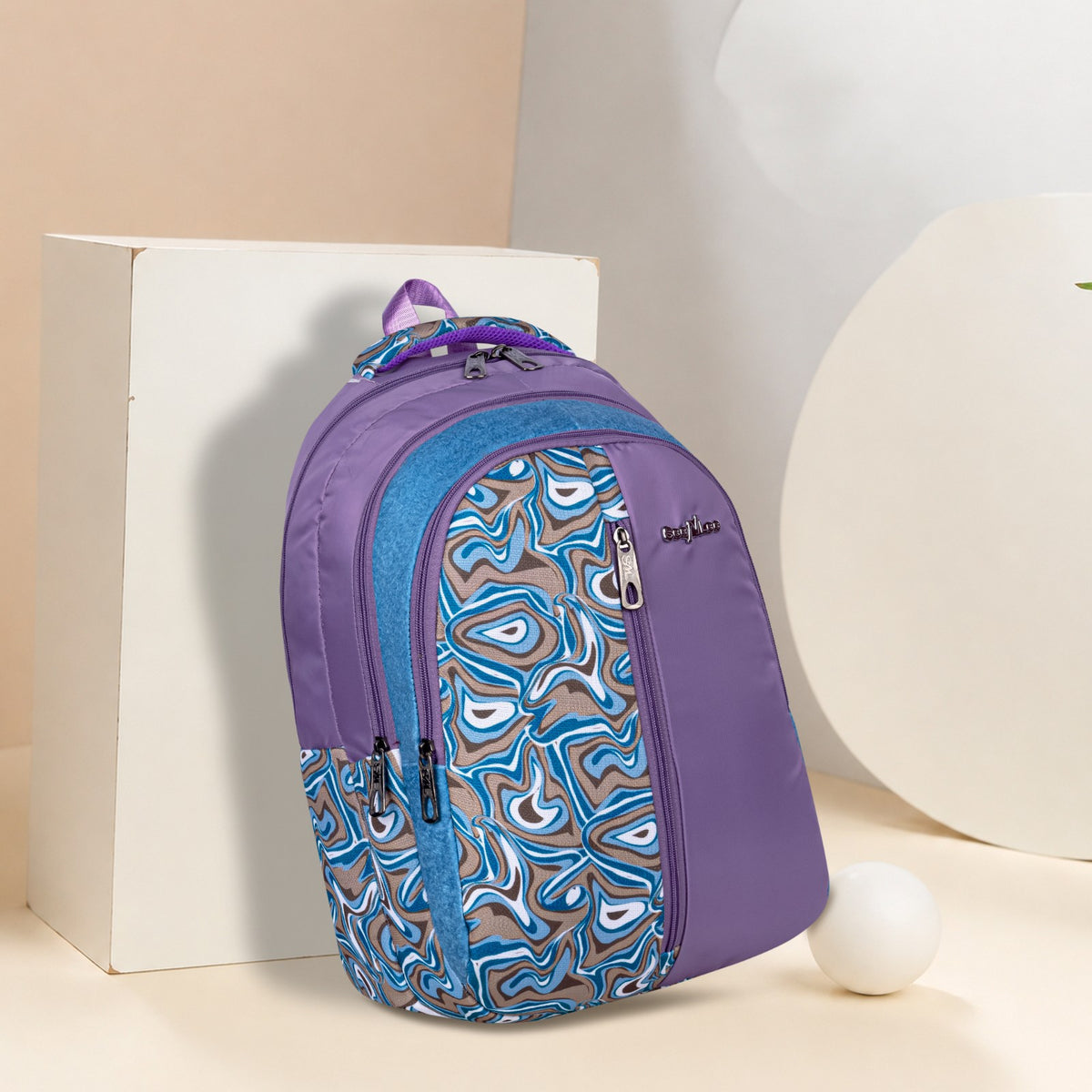 Purple and Blue Abstract Swirl Print Backpack for School College with Organiser and Bottle Pocket