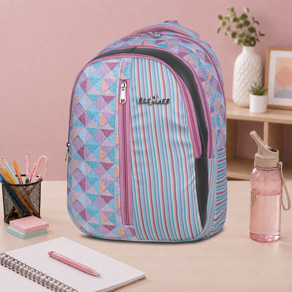 Pastel Stripe and Triangle Print Backpack for School College with Vertical Zip and Organiser