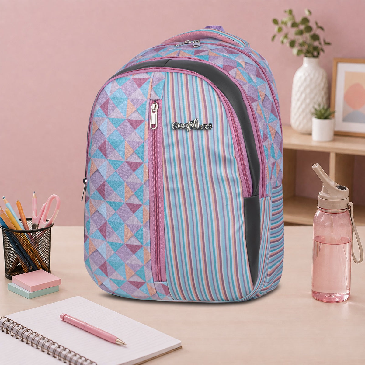 Pastel Stripe and Triangle Print Backpack for School College with Vertical Zip and Organiser