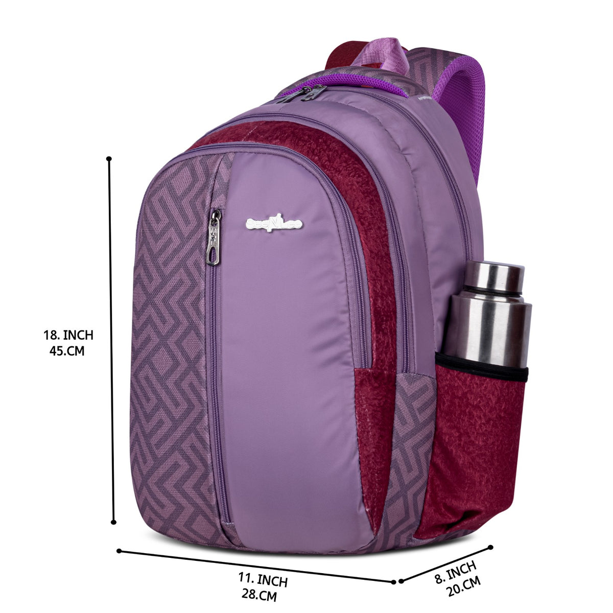 Lavender Geometric Maze Print School College Backpack with Vertical Zip and Organiser Pockets