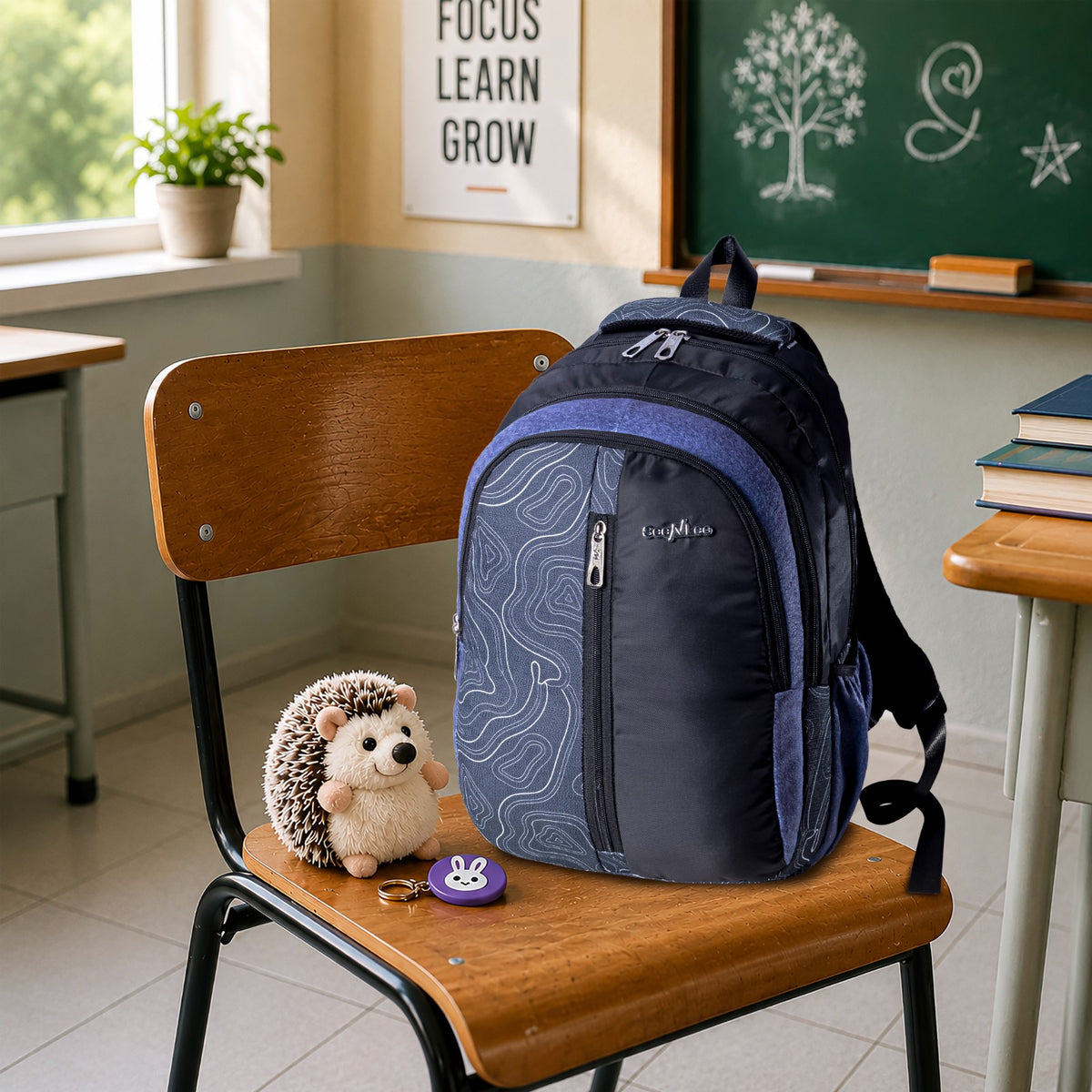 Black and Blue Contour Print Backpack for School College with Padded Adjustable Straps and Organiser