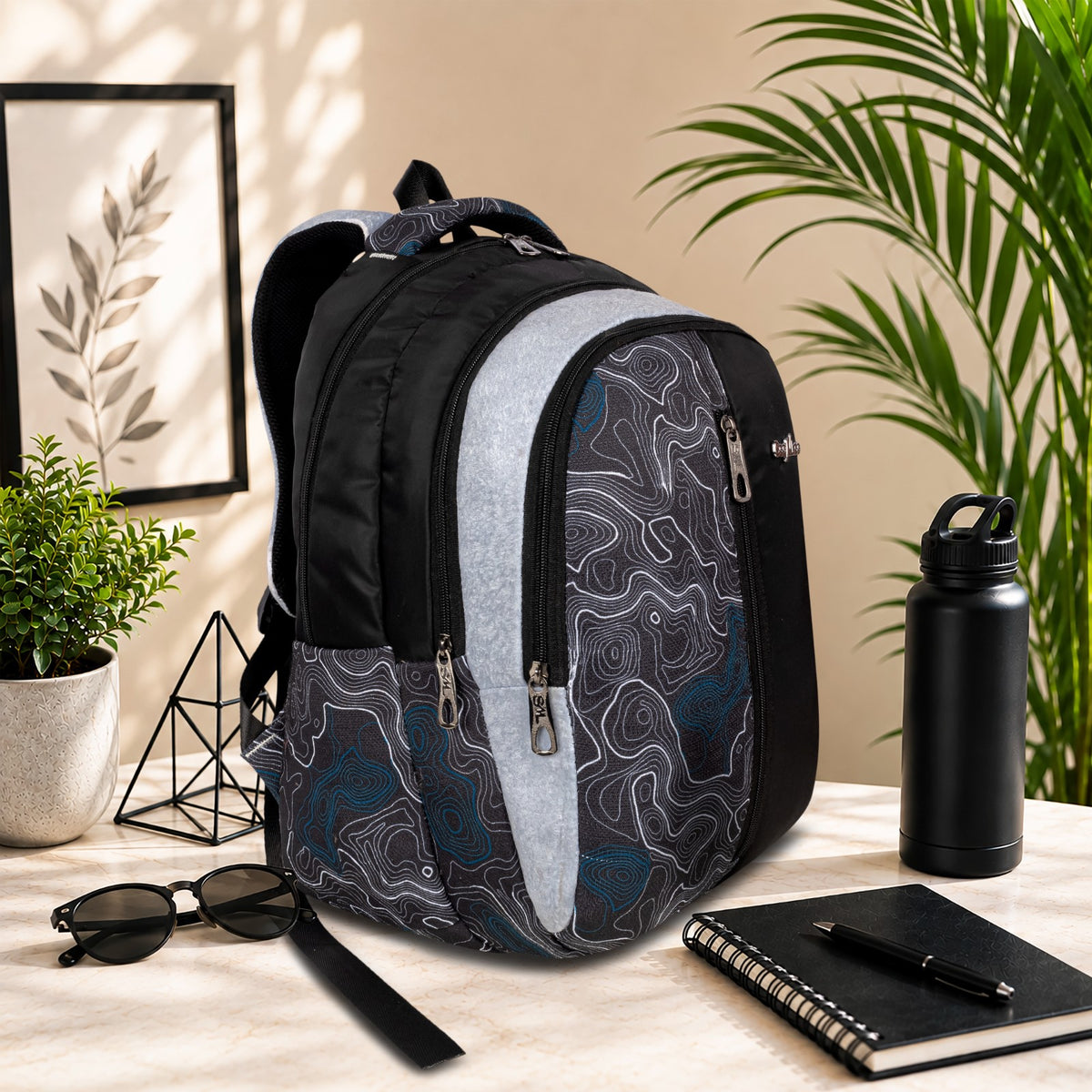 Black and Grey Contour Print Backpack for School College with Vertical Zip and Internal Organiser