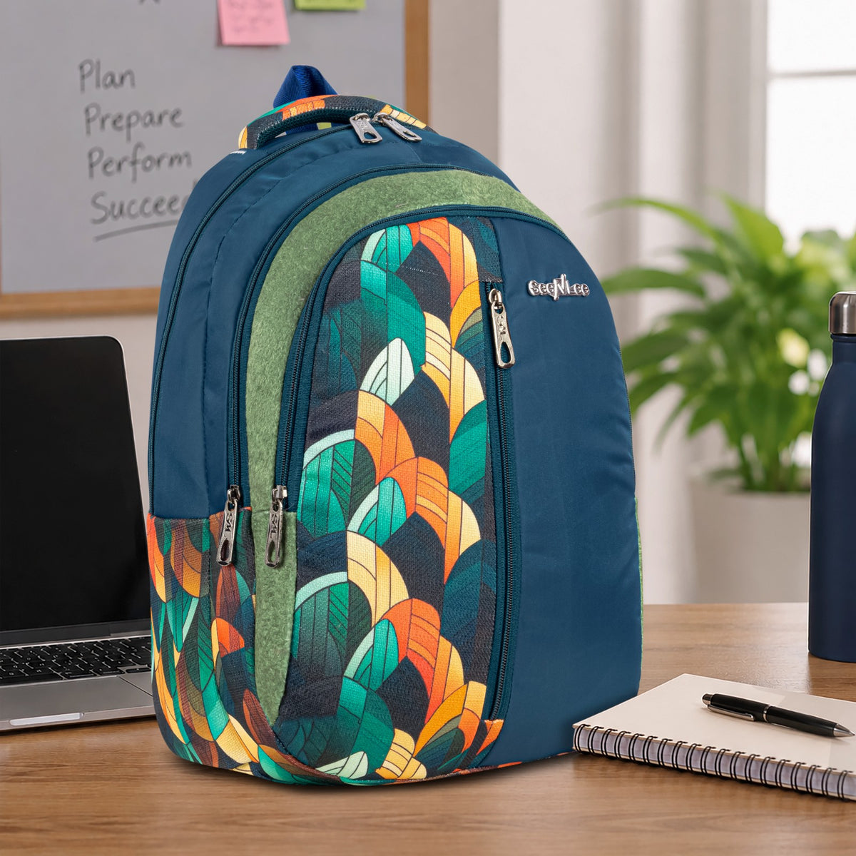 Navy and Green Multicolour Leaf Print Backpack for School College with Organiser and Bottle Pocket