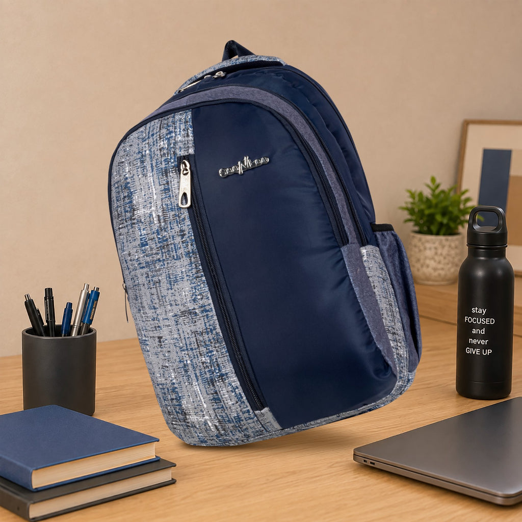 Navy and Blue Grey Crosshatch Print Backpack for School College with Organiser and Bottle Pocket