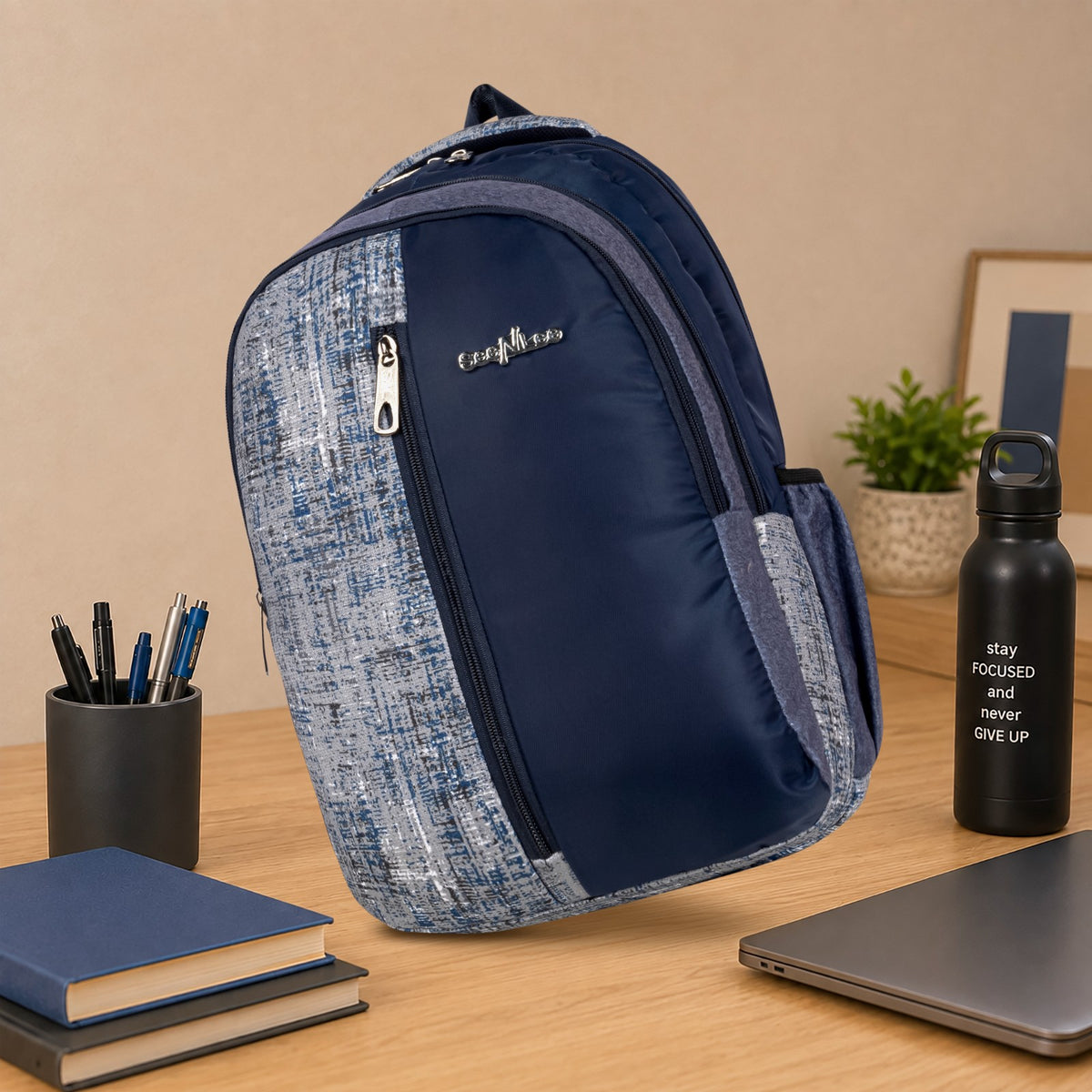 Navy and Blue Grey Crosshatch Print Backpack for School College with Organiser and Bottle Pocket