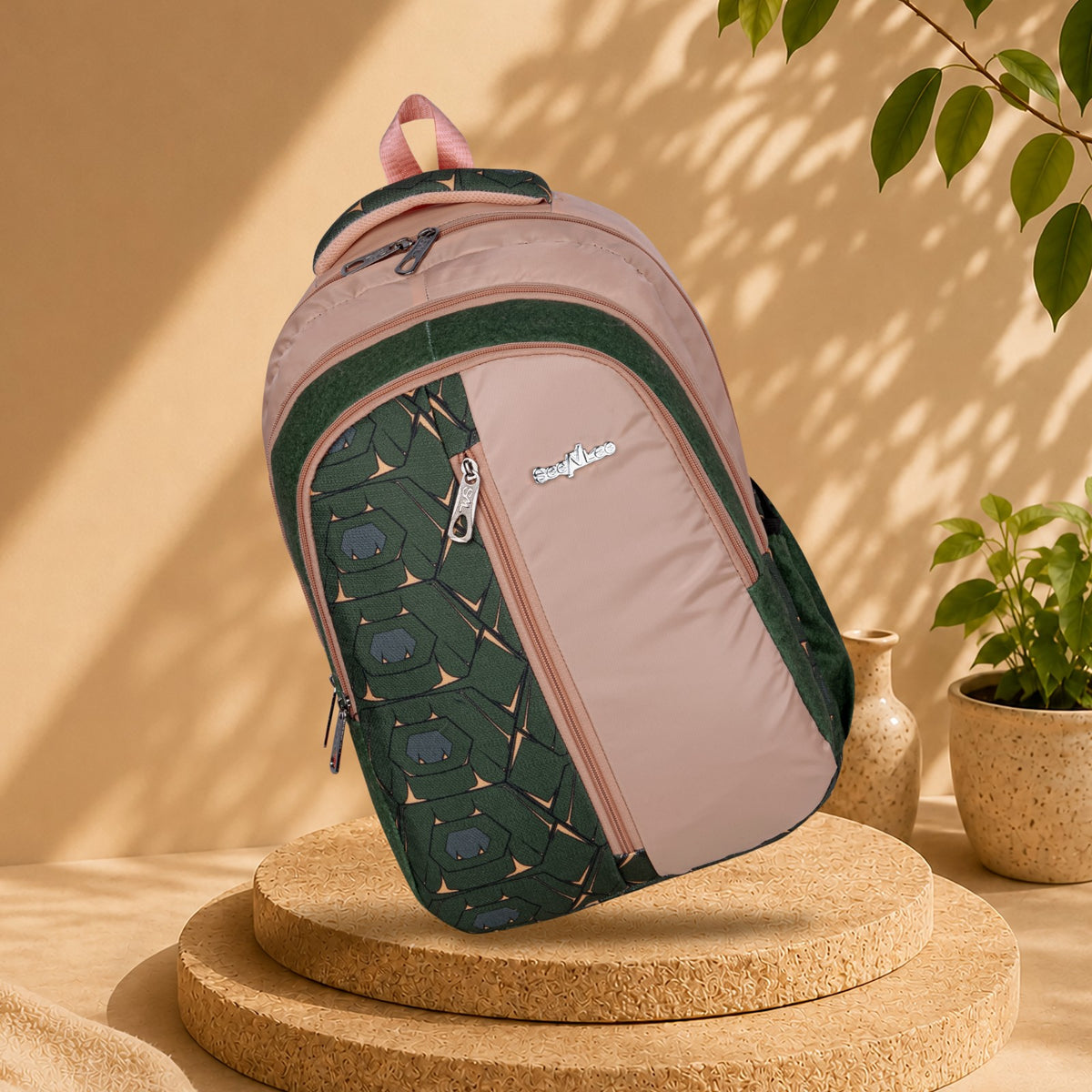 Blush Pink and Dark Green Geometric Backpack for School College with Organiser and Bottle Pocket