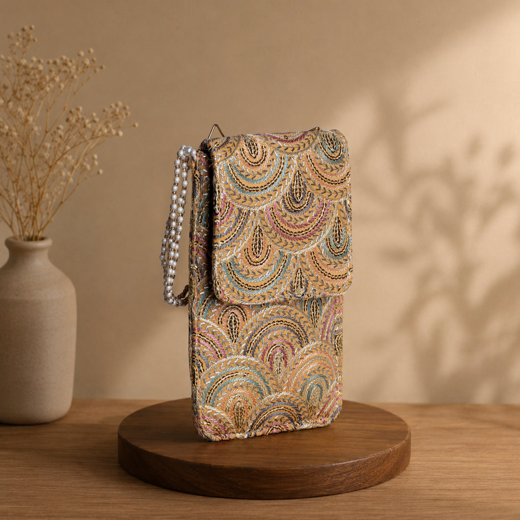 Beige Embroidered Mobile Pouch Sling Bag with Flap