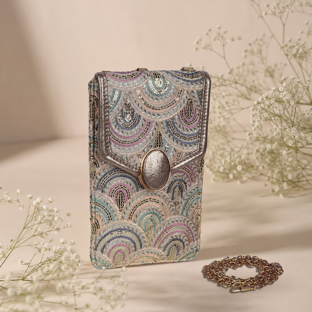 Beige Embroidered Mobile Pouch Sling Bag with Oval Accent