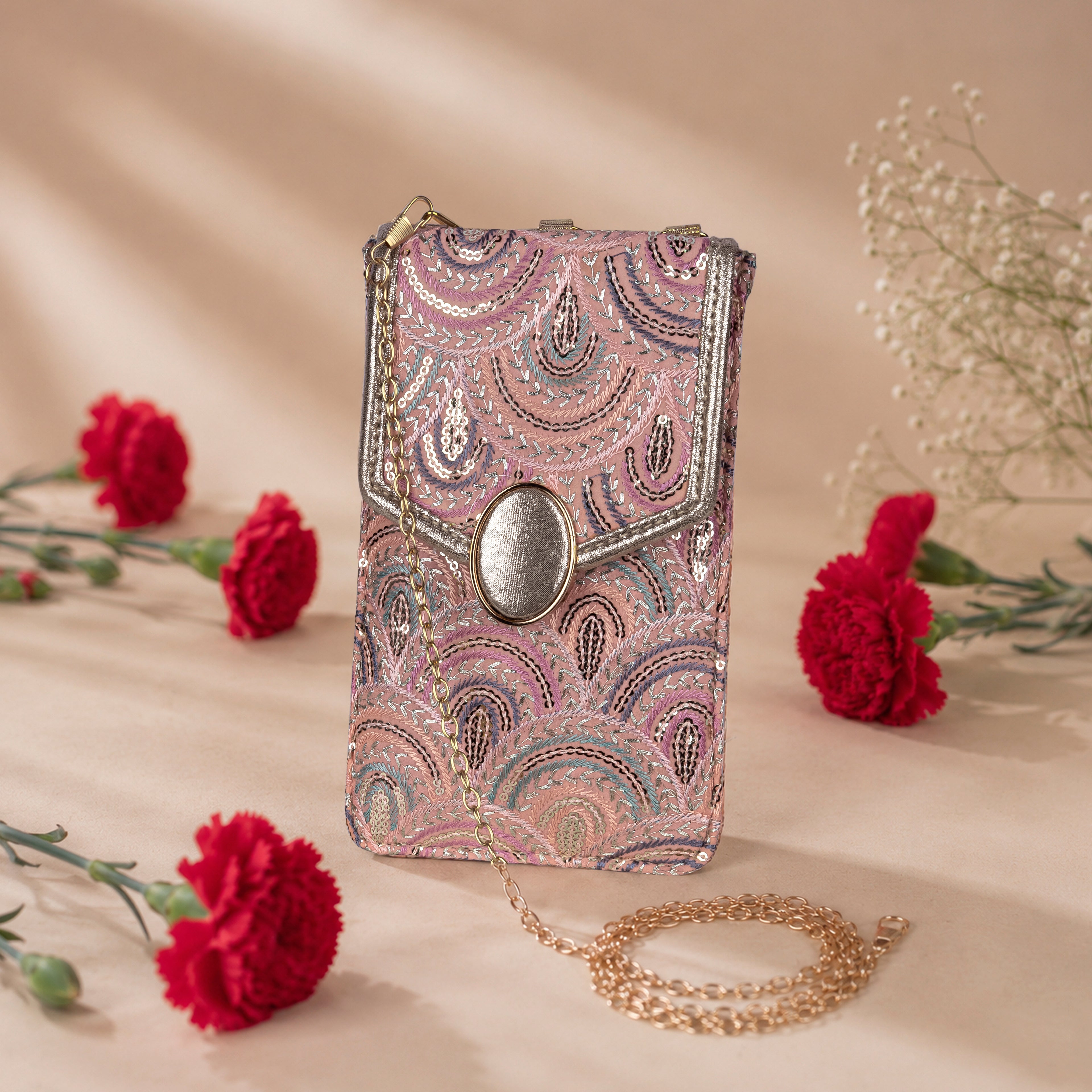 Pink Embroidered Mobile Pouch Sling Bag with Oval Accent