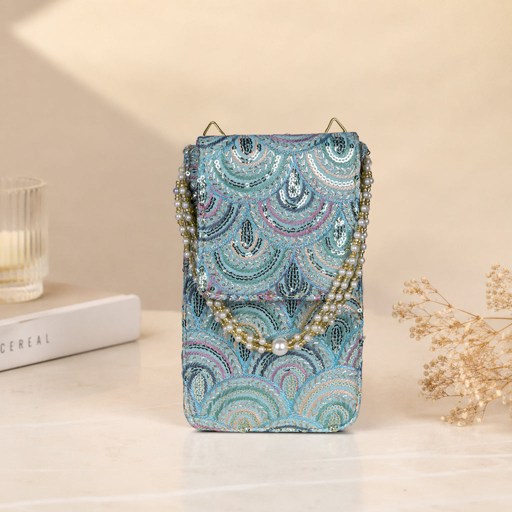 Aqua Blue Embroidered Mobile Pouch Sling Bag with Flap