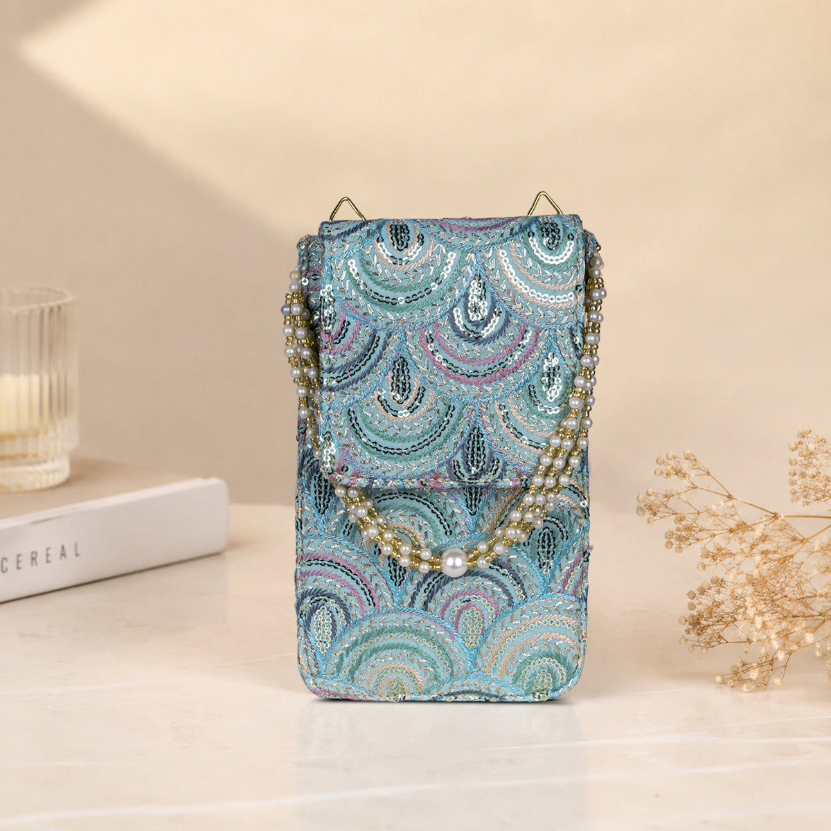 Aqua Blue Embroidered Mobile Pouch Sling Bag with Flap