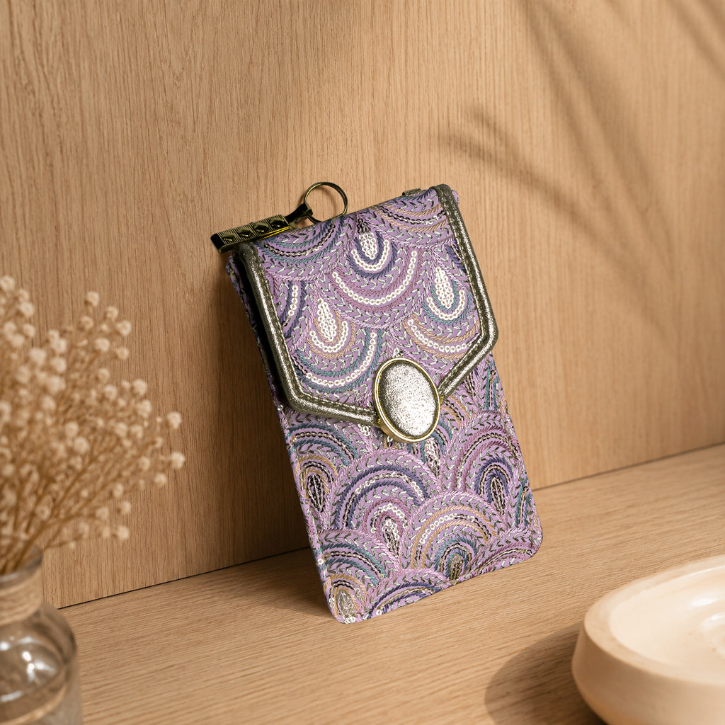 Lilac Embroidered Mobile Pouch Sling Bag with Oval Accent