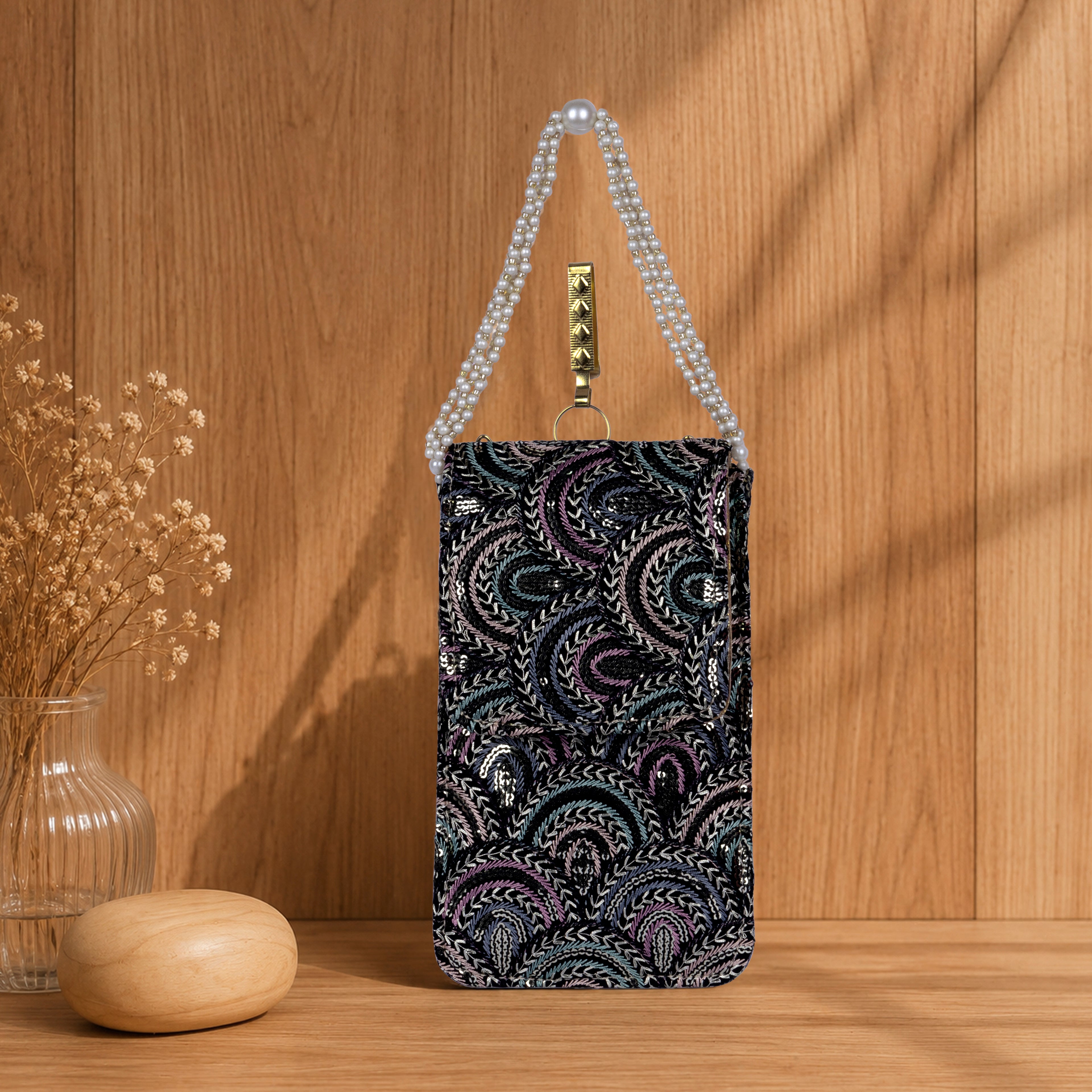 Black Embroidered Mobile Pouch Sling Bag with Flap