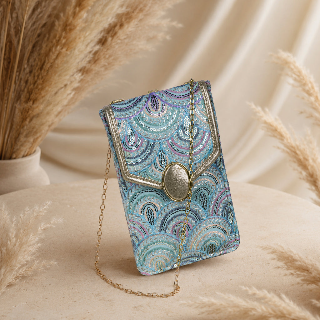 Aqua Blue Embroidered Mobile Pouch Sling Bag with Oval Accent