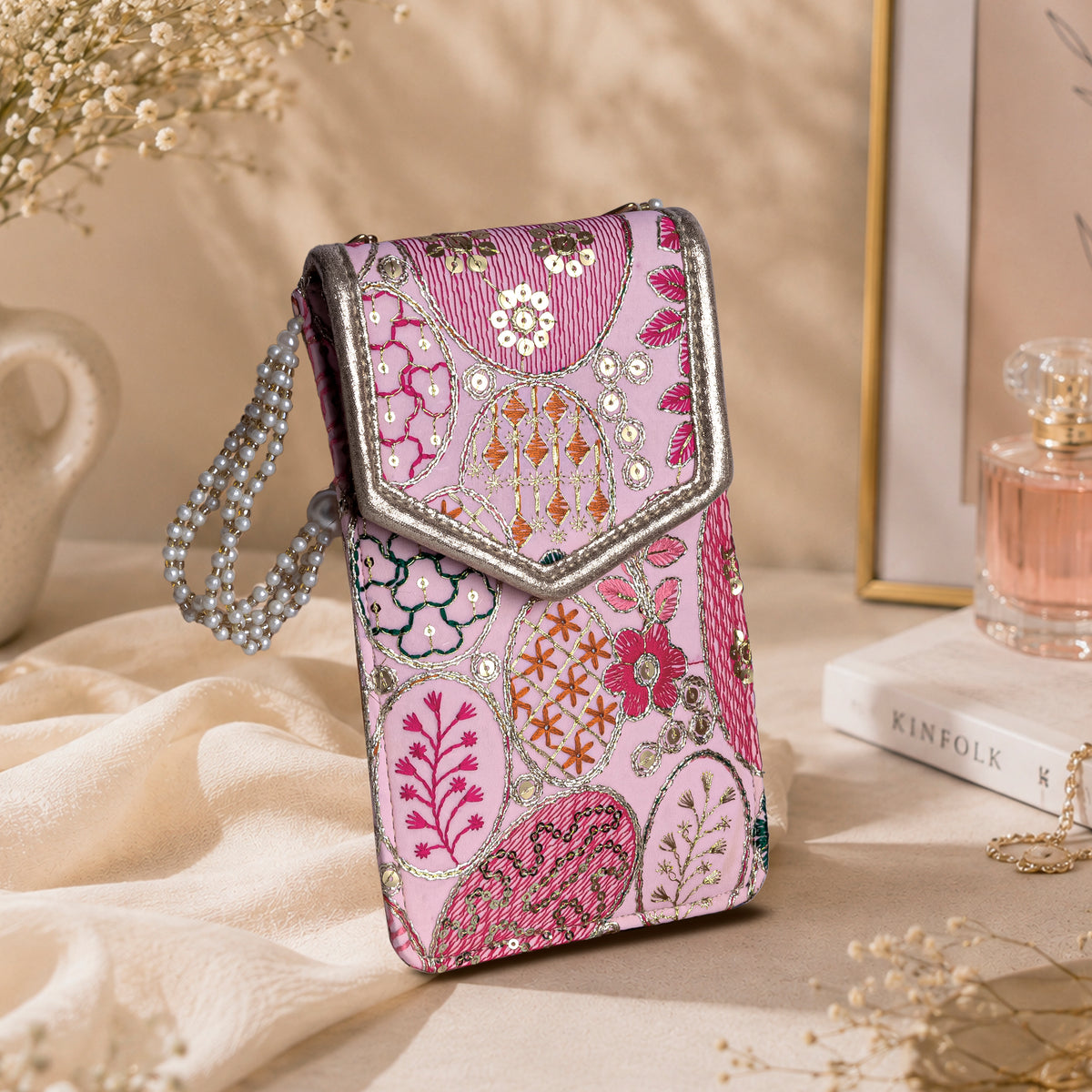 Pink Embroidered Mobile Pouch Sling Bag with Flap