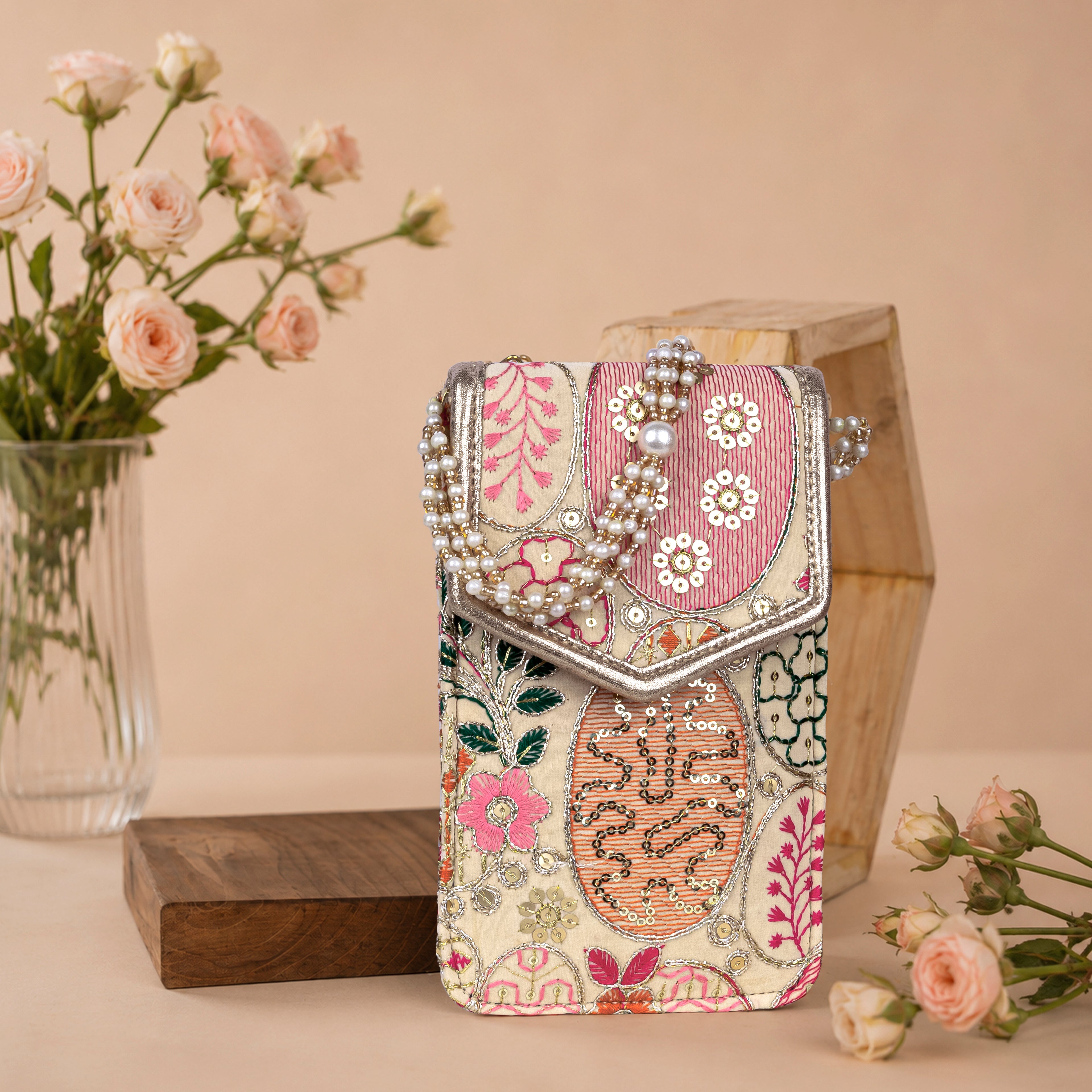 Beige Embroidered Mobile Pouch Sling Bag with Flap