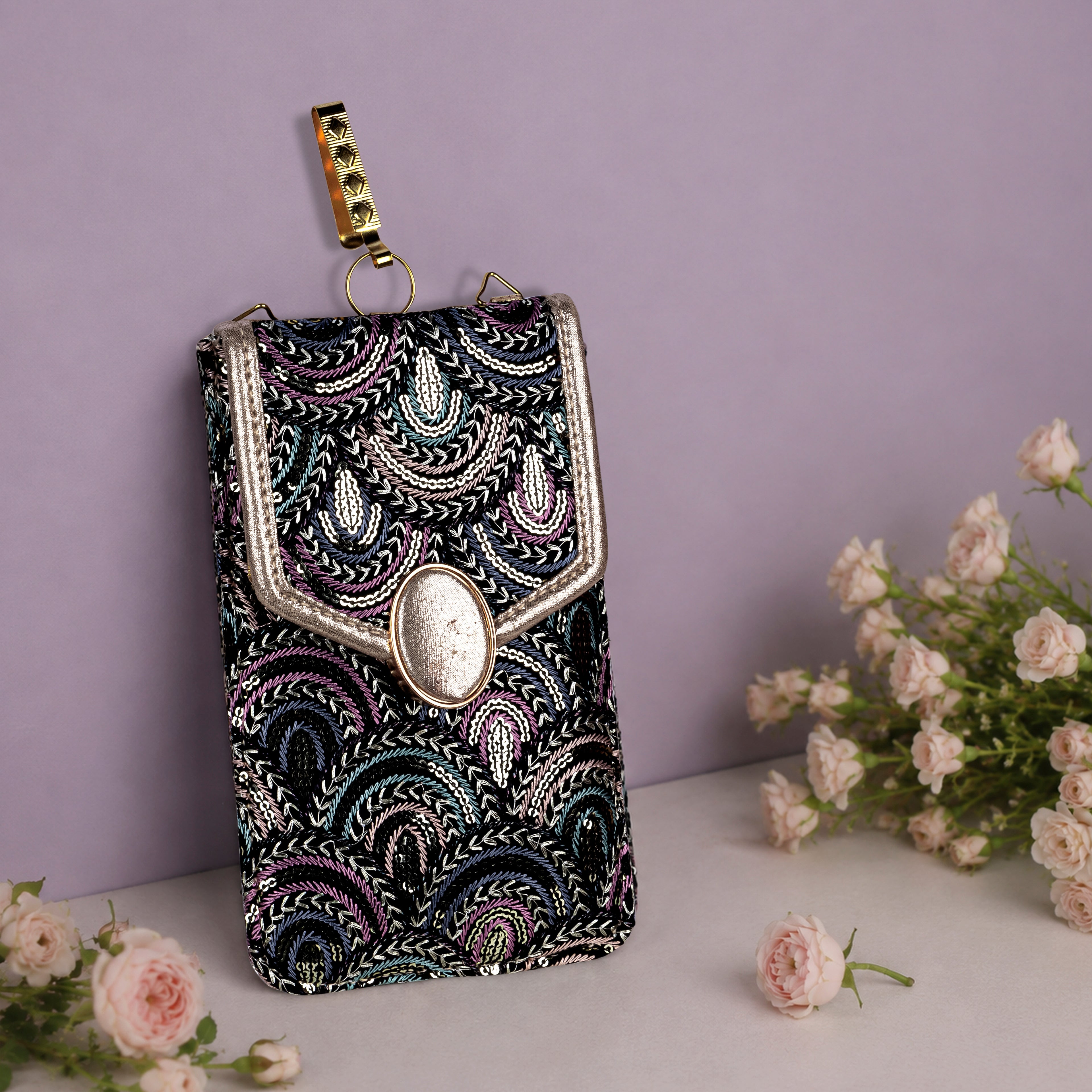 Black Embroidered Mobile Pouch Sling Bag with Oval Accent