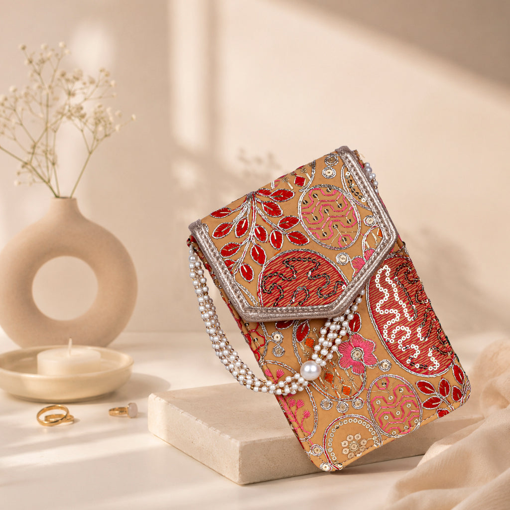 Mustard Embroidered Mobile Pouch Sling Bag with Flap