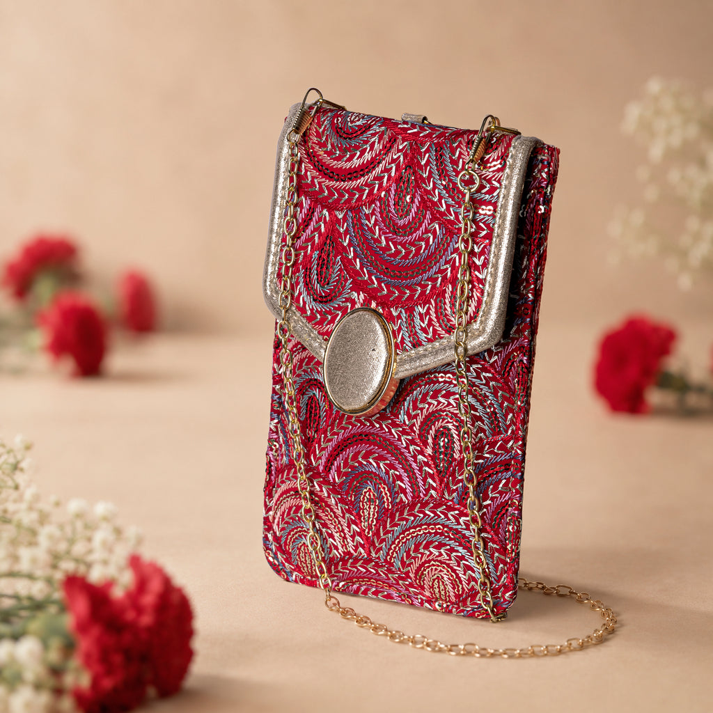 Red Embroidered Mobile Pouch Sling Bag with Oval Accent