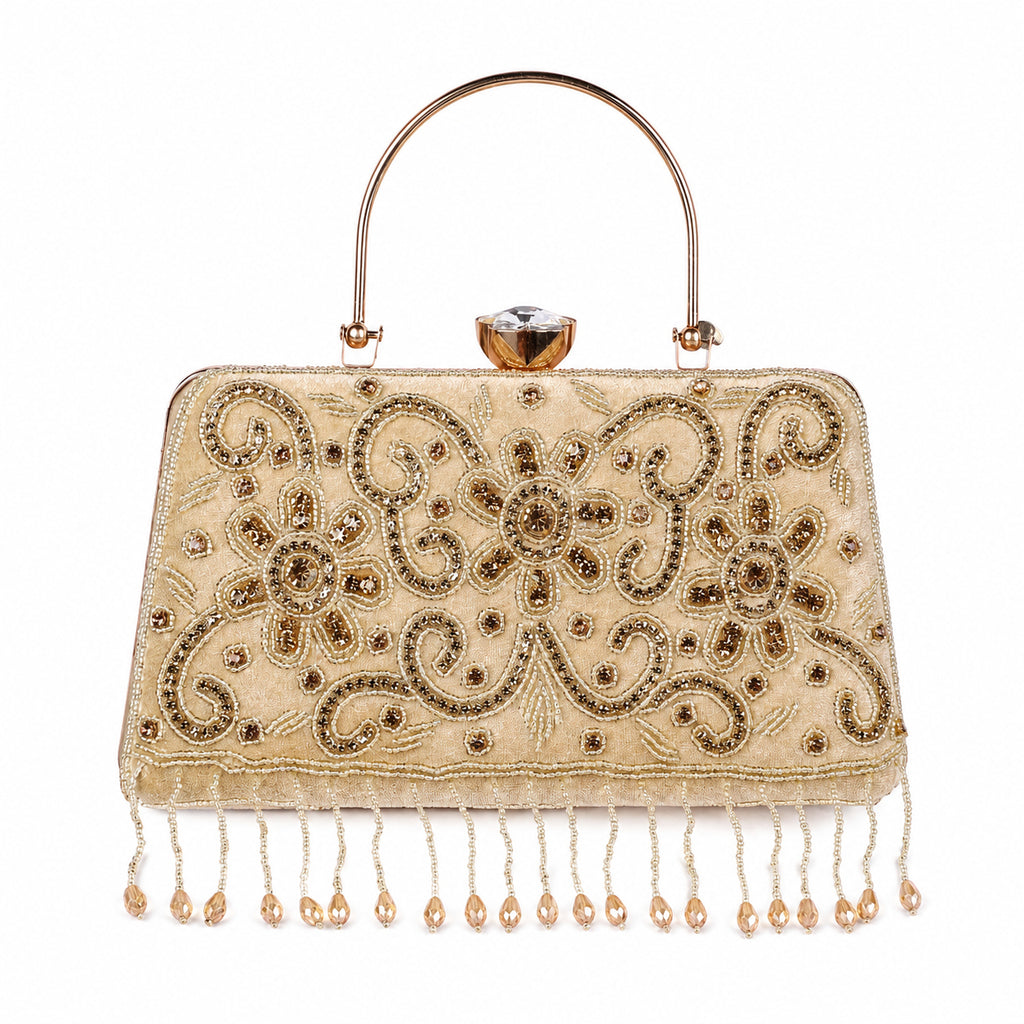 KarryQ Beige Floral Scroll Velvet Clutch