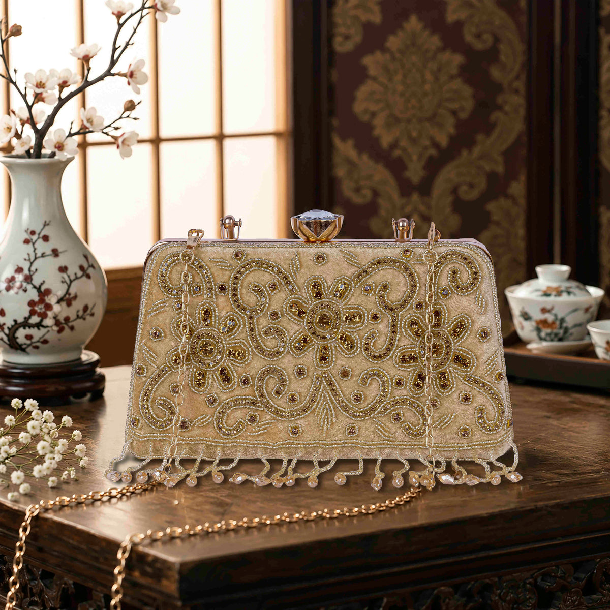 KarryQ Beige Floral Scroll Velvet Clutch