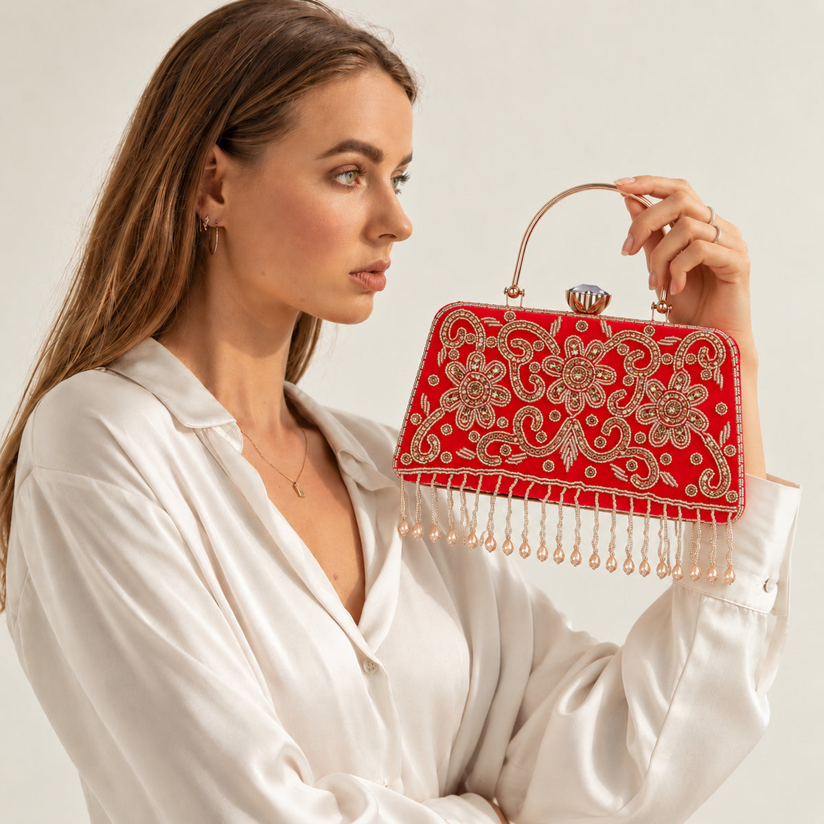 KarryQ Red Floral Scroll Velvet Clutch
