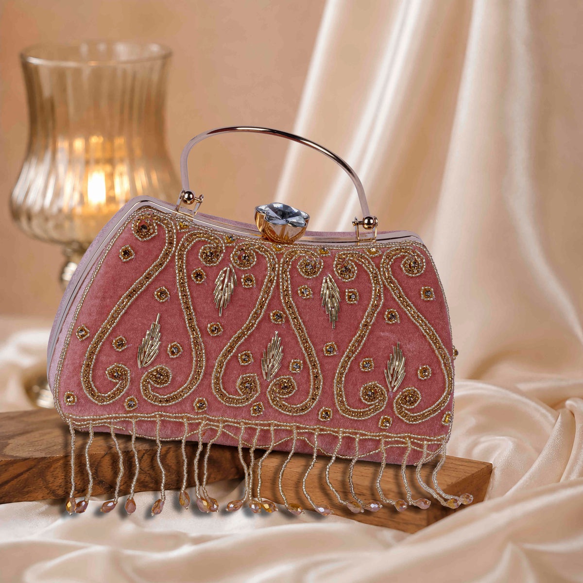 KarryQ Dusty Pink Teardrop Embellished Velvet Clutch