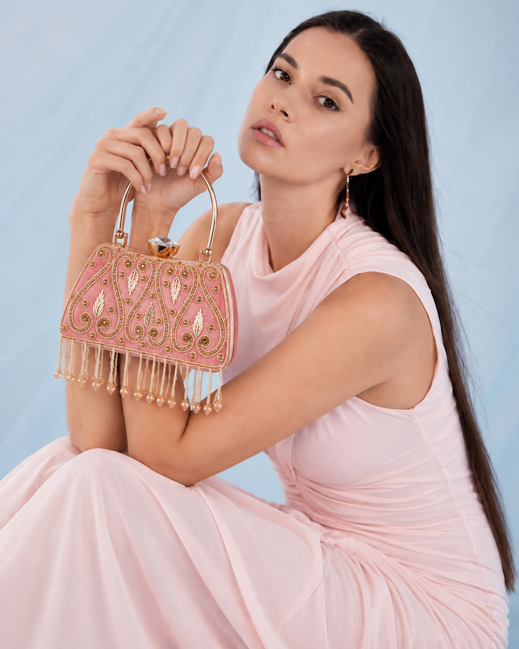KarryQ Dusty Pink Teardrop Embellished Velvet Clutch