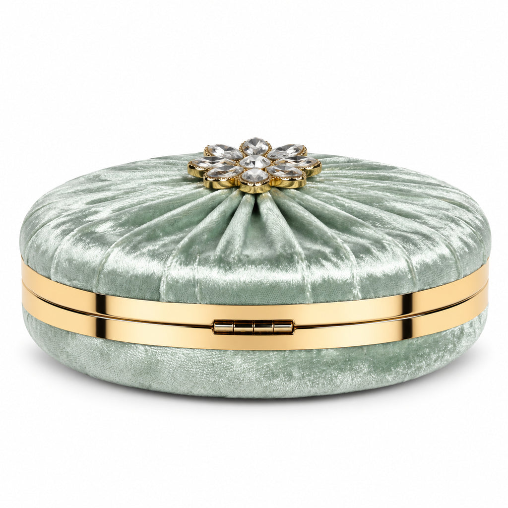KarryQ Green Pleated Rosette Velvet Clutch