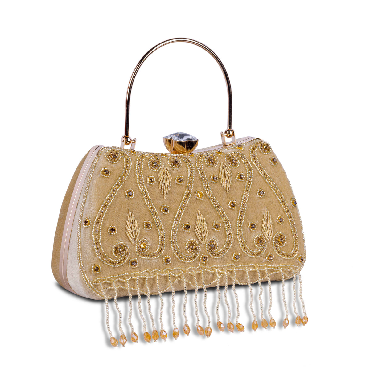 KarryQ Beige Teardrop Embellished Velvet Clutch
