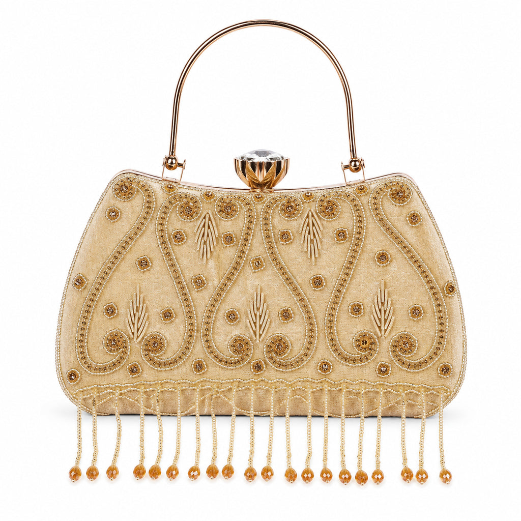KarryQ Beige Teardrop Embellished Velvet Clutch