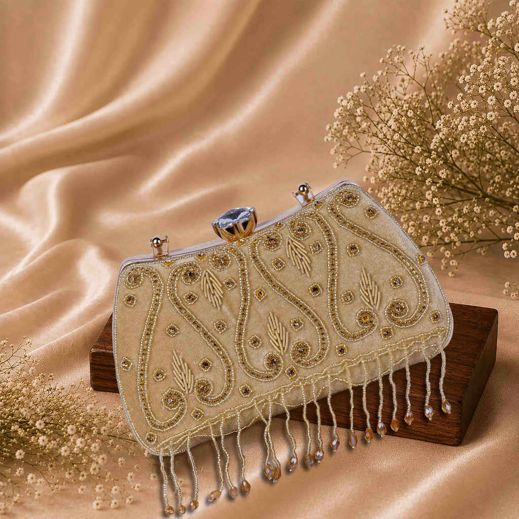 KarryQ Beige Teardrop Embellished Velvet Clutch