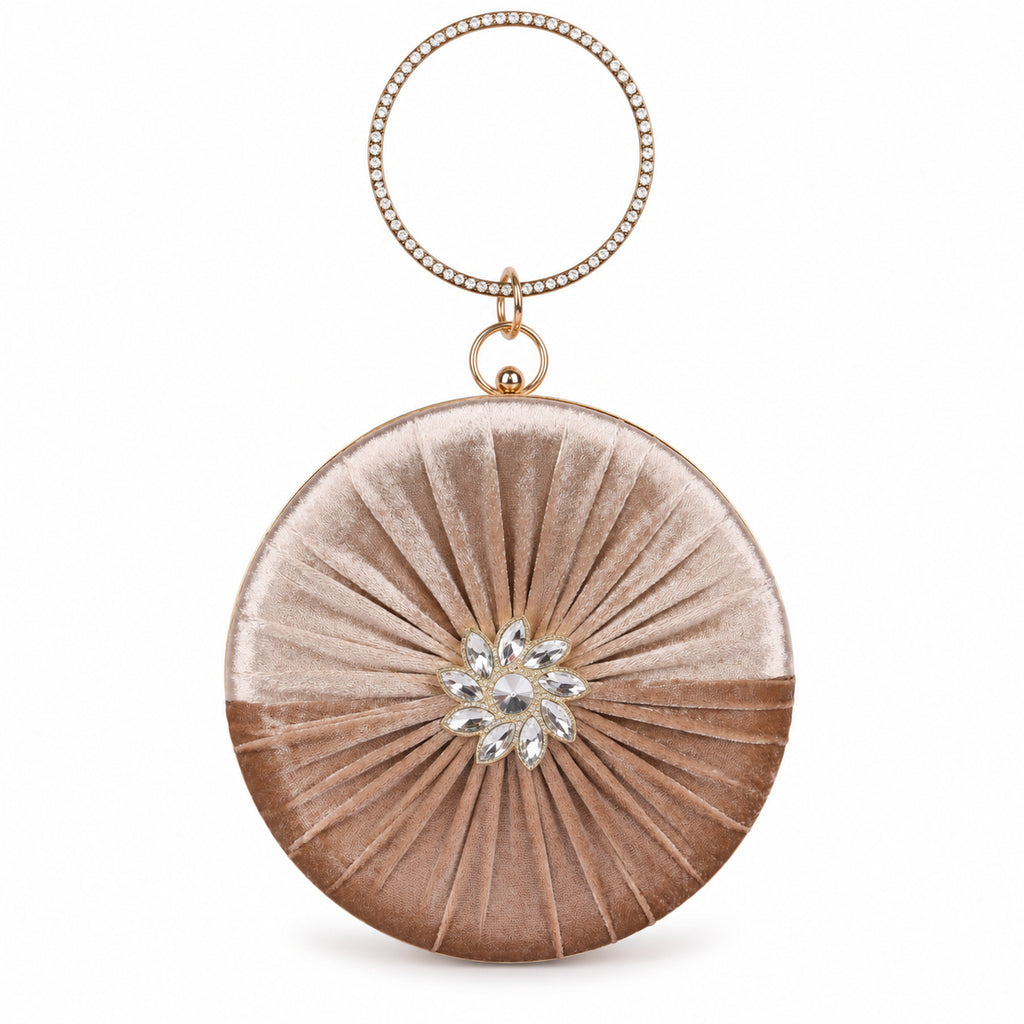 KarryQ Beige Pleated Rosette Velvet Clutch