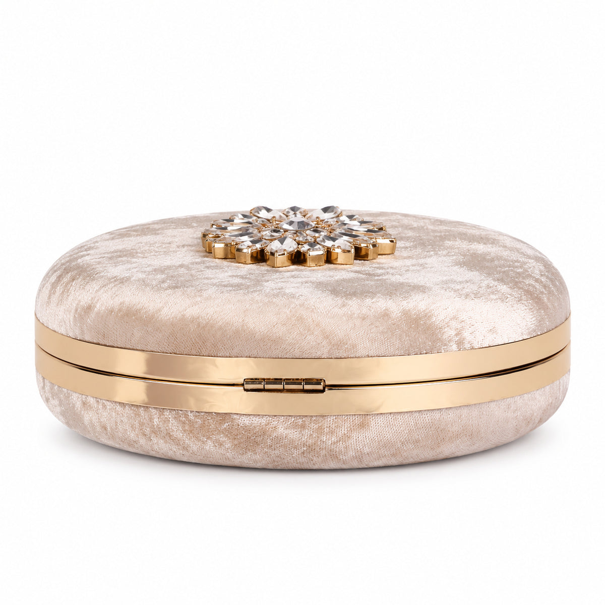 KarryQ Beige Floral Brooch Velvet Clutch